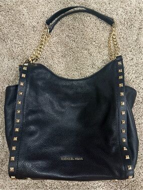 Michael Kors Black Pebbled Leather Studded Chain Shoulder Tote Bag